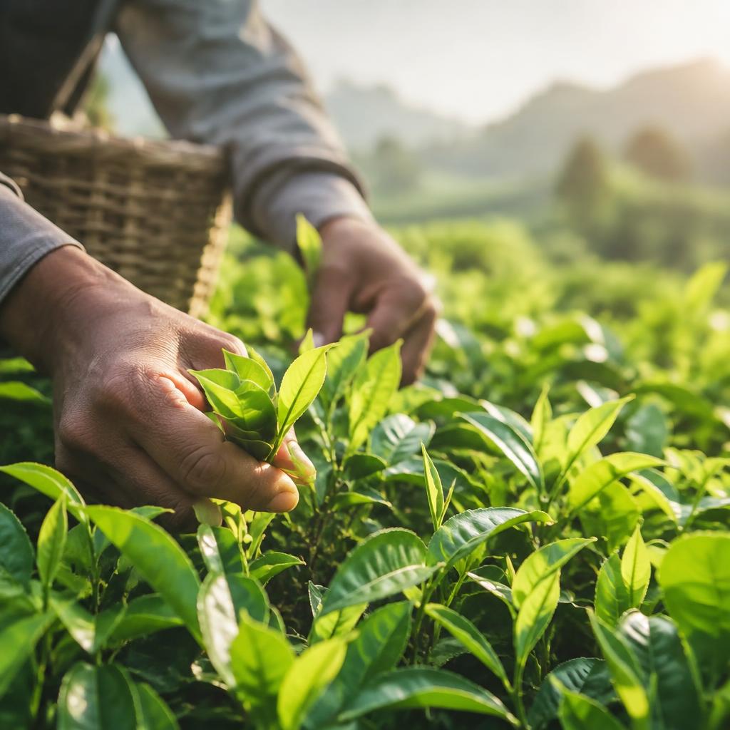 Hands plucking fresh tea leaves